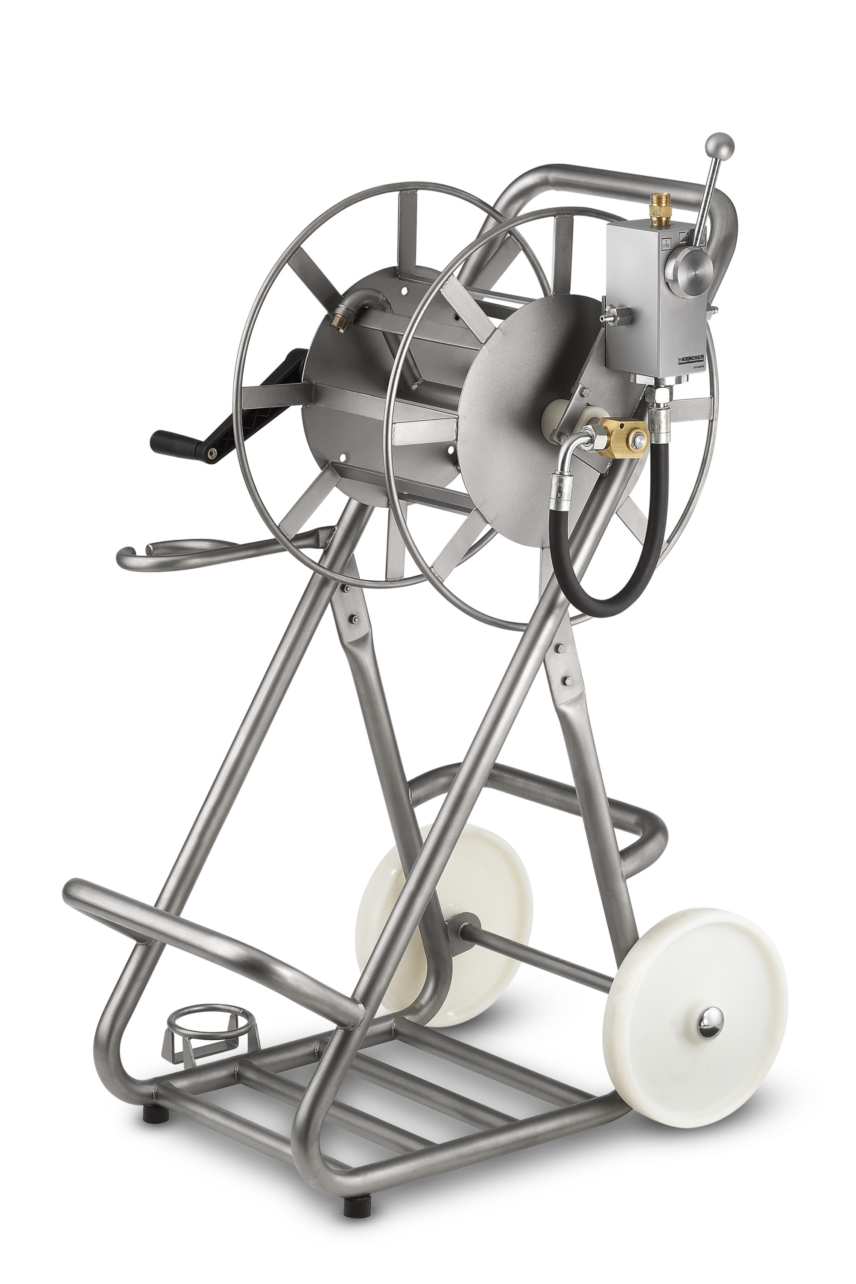 Das Bild zeigt das Produkt Kärcher Mobiler Reinigungswagen mit 2-fach Dosiereinheit und Schlauchtrommel.