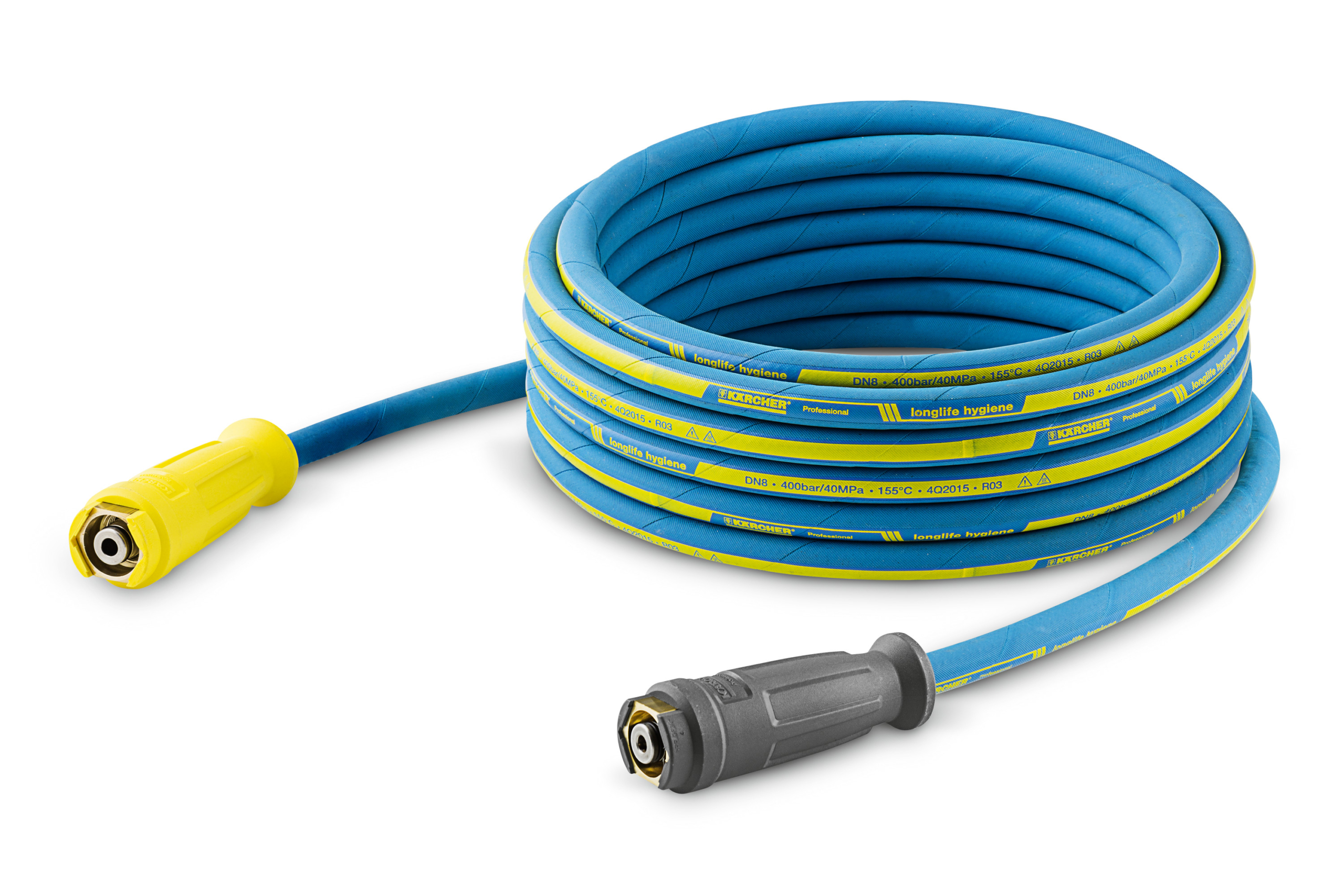 Das Bild zeigt das Produkt Kärcher Hochdruckschlauch Lebensmittel Longlife 400, 2 x EASY!Lock, DN 8, 10 m, ANTI!Twist.