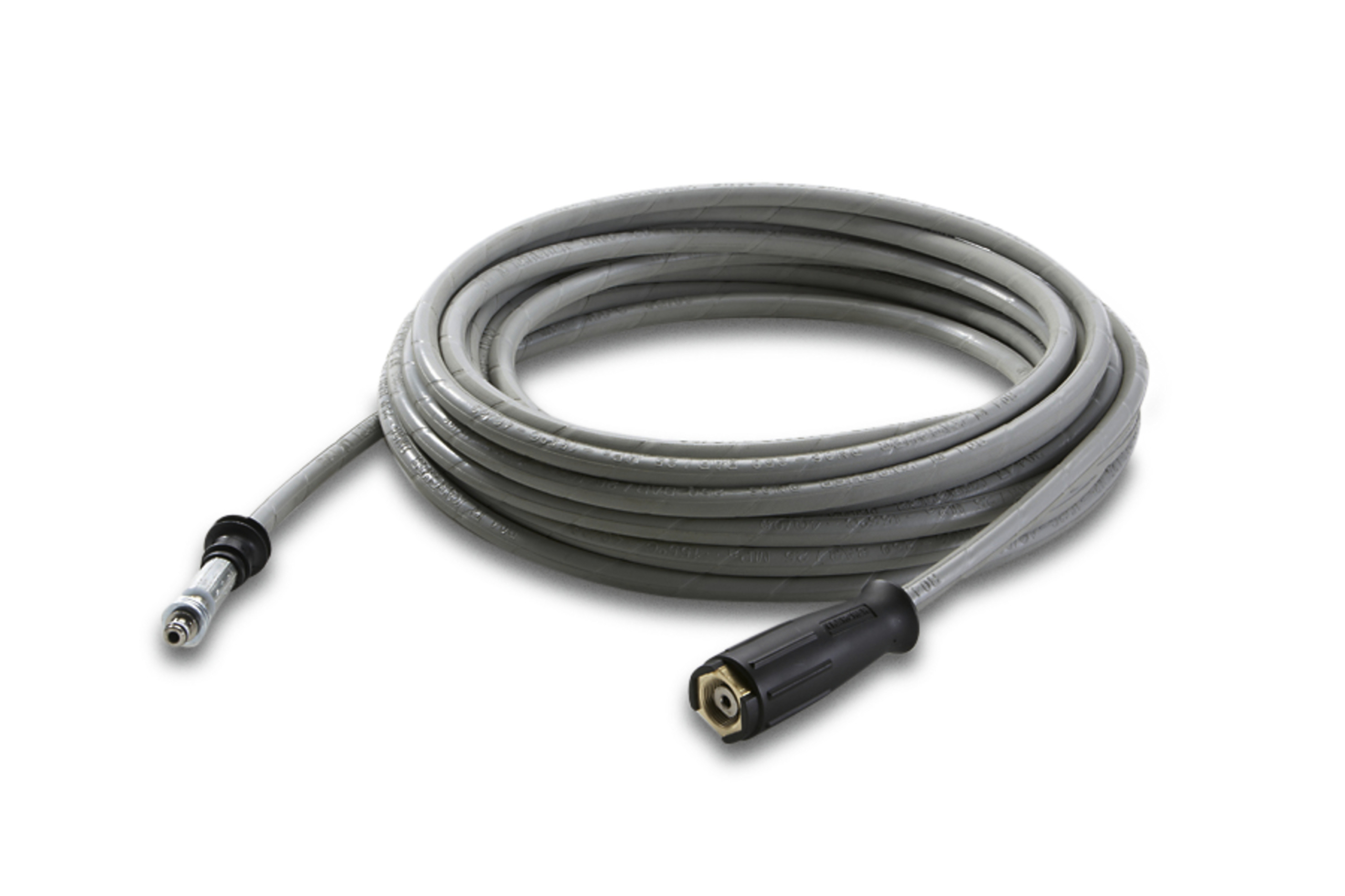 Das Bild zeigt das Produkt Kärcher Hochdruckschlauch 15 m DN 6, AVS-Pistolenanschluss 11 mm, Lebensmittel, grau.